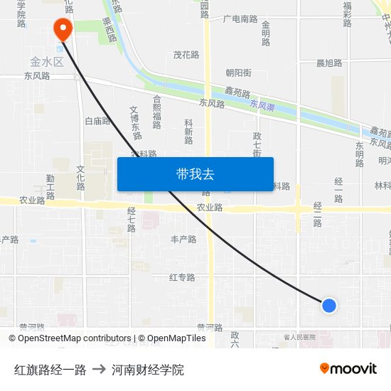 红旗路经一路 to 河南财经学院 map