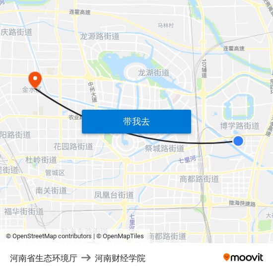 河南省生态环境厅 to 河南财经学院 map