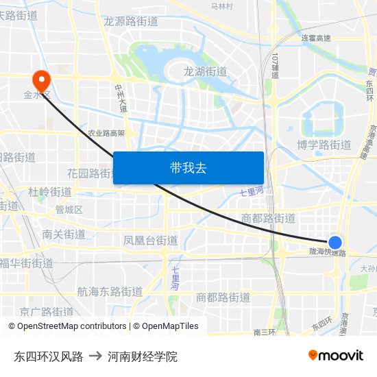 东四环汉风路 to 河南财经学院 map