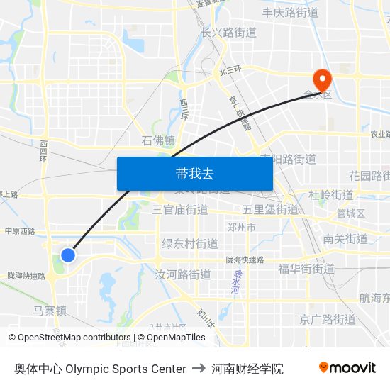 奥体中心 Olympic Sports Center to 河南财经学院 map