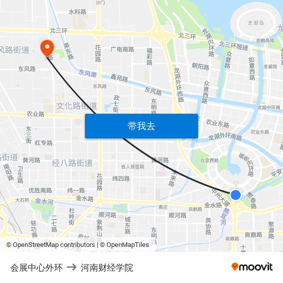 会展中心外环 to 河南财经学院 map