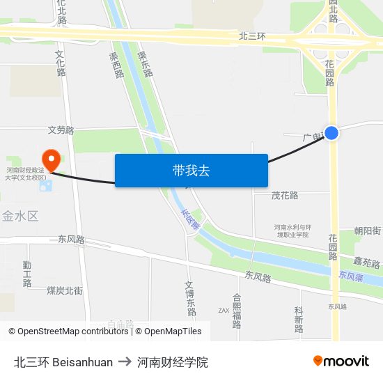 北三环 Beisanhuan to 河南财经学院 map