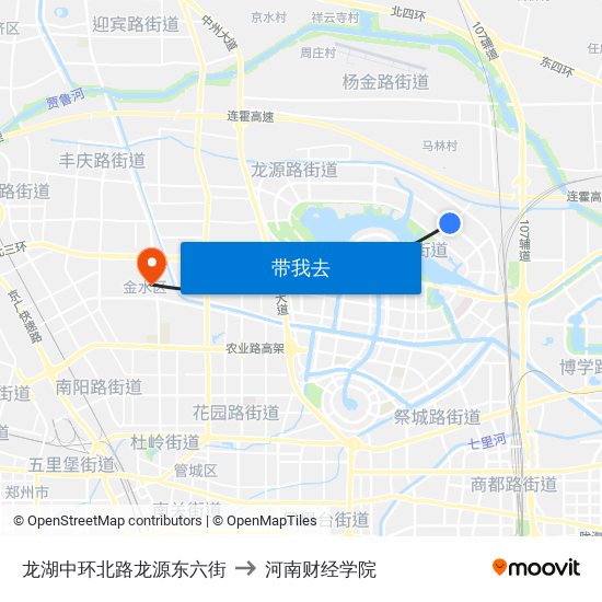 龙湖中环北路龙源东六街 to 河南财经学院 map