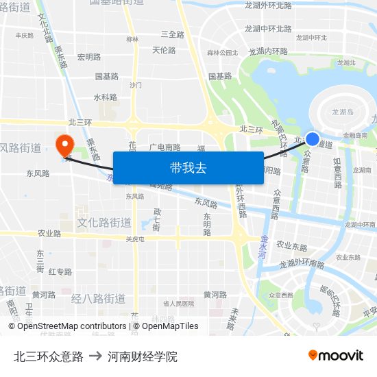 北三环众意路 to 河南财经学院 map