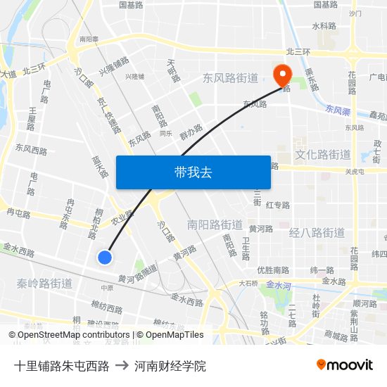 十里铺路朱屯西路 to 河南财经学院 map