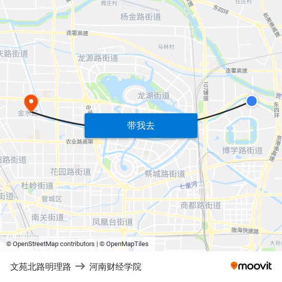 文苑北路明理路 to 河南财经学院 map