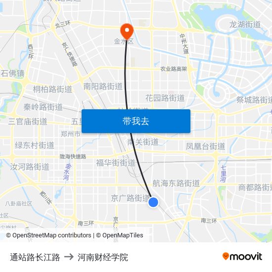 通站路长江路 to 河南财经学院 map