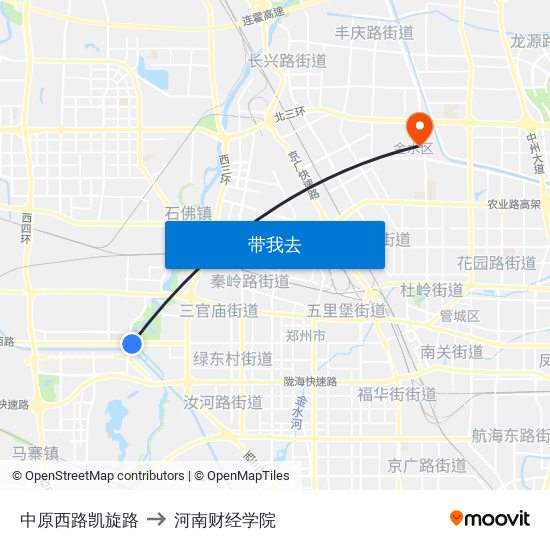 中原西路凯旋路 to 河南财经学院 map