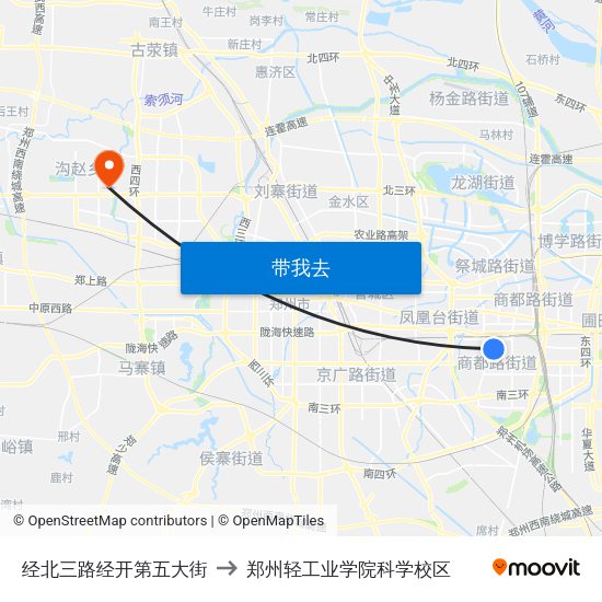 经北三路经开第五大街 to 郑州轻工业学院科学校区 map