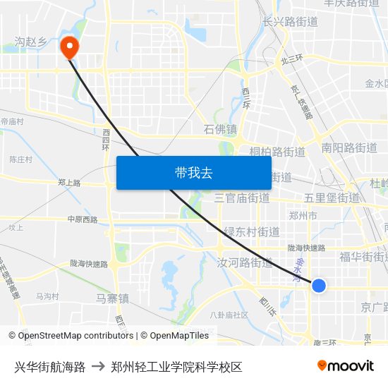 兴华街航海路 to 郑州轻工业学院科学校区 map