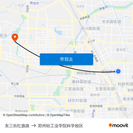 东三街红旗路 to 郑州轻工业学院科学校区 map