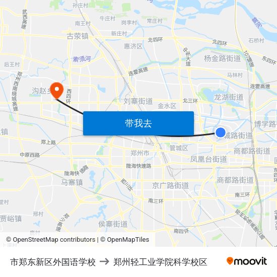 市郑东新区外国语学校 to 郑州轻工业学院科学校区 map