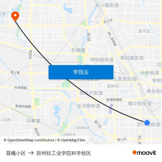 晨曦小区 to 郑州轻工业学院科学校区 map