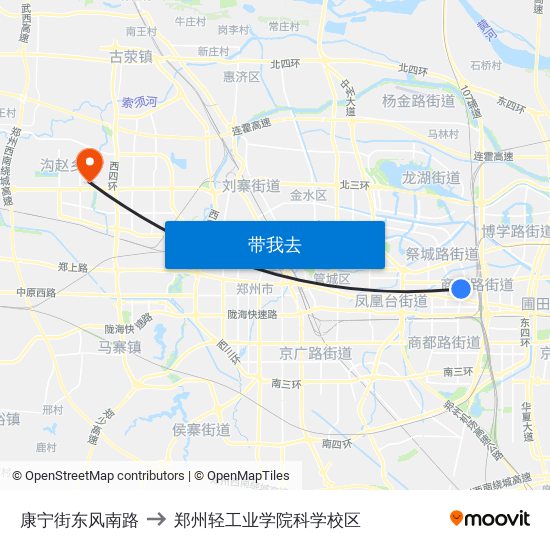 康宁街东风南路 to 郑州轻工业学院科学校区 map