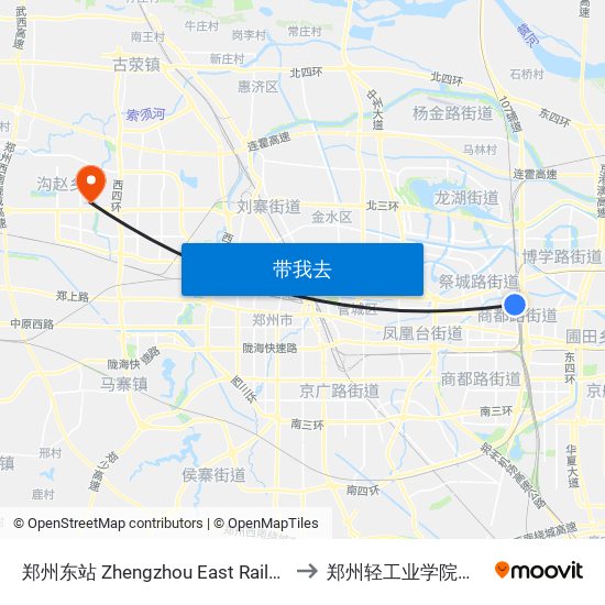 郑州东站 Zhengzhou East Railway Station to 郑州轻工业学院科学校区 map