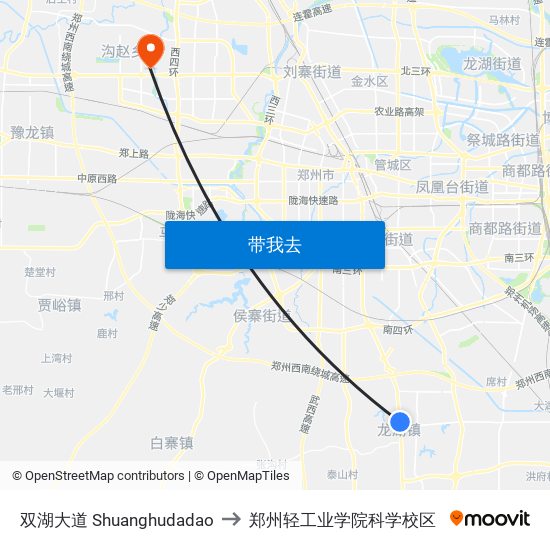 双湖大道 Shuanghudadao to 郑州轻工业学院科学校区 map