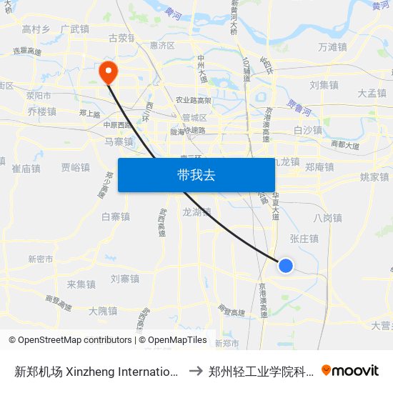 新郑机场 Xinzheng International Airport to 郑州轻工业学院科学校区 map