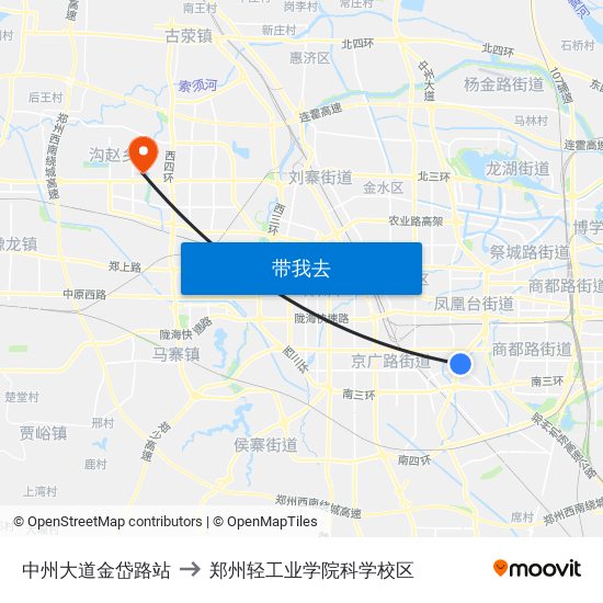 中州大道金岱路站 to 郑州轻工业学院科学校区 map