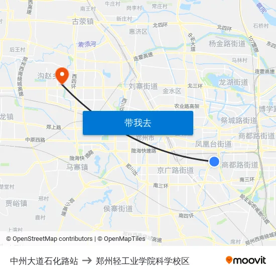 中州大道石化路站 to 郑州轻工业学院科学校区 map