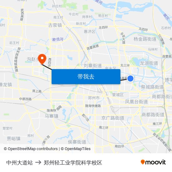 中州大道站 to 郑州轻工业学院科学校区 map