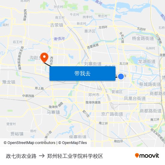 政七街农业路 to 郑州轻工业学院科学校区 map