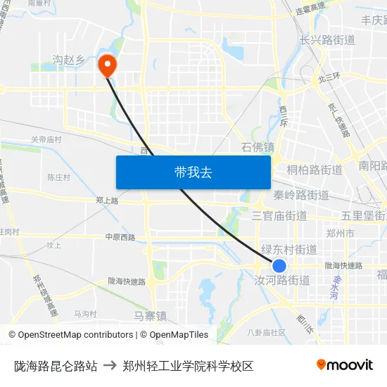 陇海路昆仑路站 to 郑州轻工业学院科学校区 map