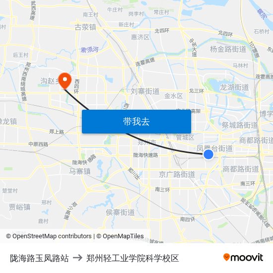 陇海路玉凤路站 to 郑州轻工业学院科学校区 map