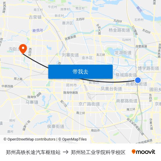 郑州高铁长途汽车枢纽站 to 郑州轻工业学院科学校区 map
