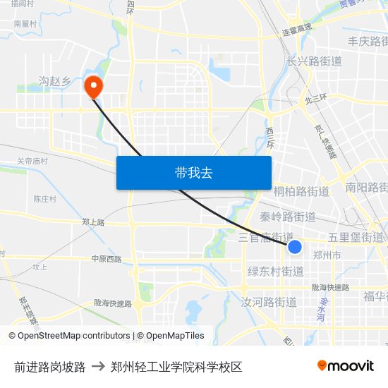 前进路岗坡路 to 郑州轻工业学院科学校区 map