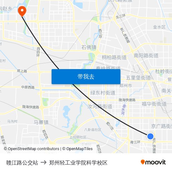 赣江路公交站 to 郑州轻工业学院科学校区 map
