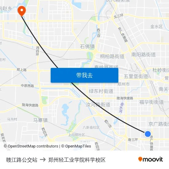 赣江路公交站 to 郑州轻工业学院科学校区 map