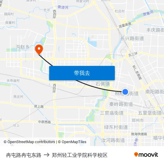 冉屯路冉屯东路 to 郑州轻工业学院科学校区 map