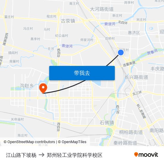 江山路下坡杨 to 郑州轻工业学院科学校区 map