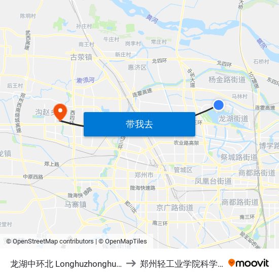 龙湖中环北 Longhuzhonghuanbei to 郑州轻工业学院科学校区 map