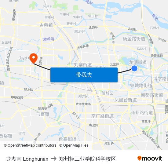 龙湖南 Longhunan to 郑州轻工业学院科学校区 map