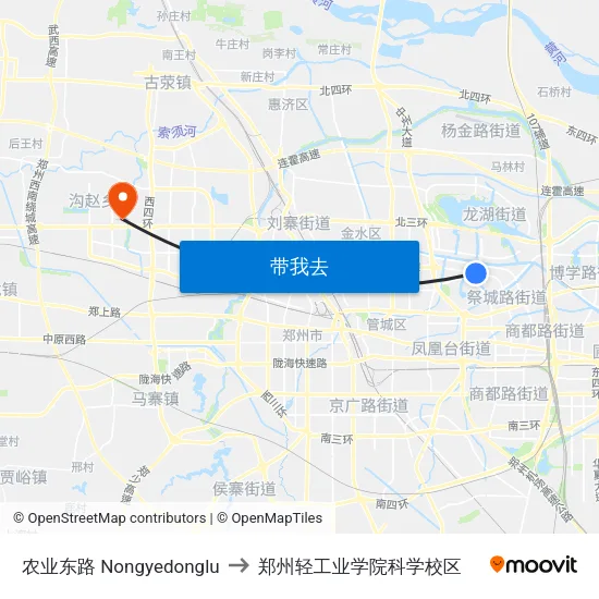 农业东路 Nongyedonglu to 郑州轻工业学院科学校区 map