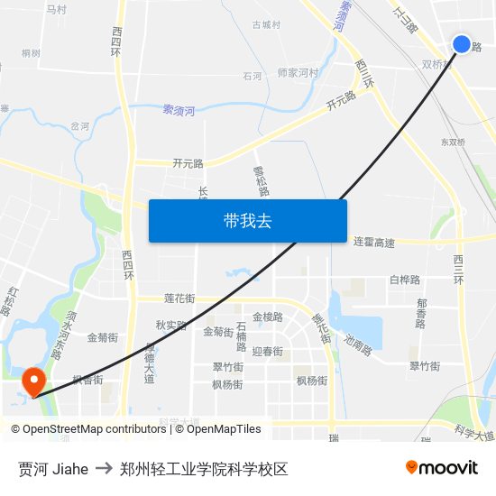 贾河 Jiahe to 郑州轻工业学院科学校区 map