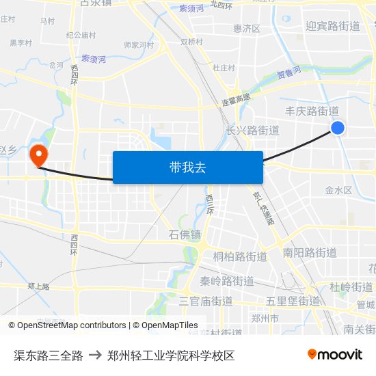 渠东路三全路 to 郑州轻工业学院科学校区 map