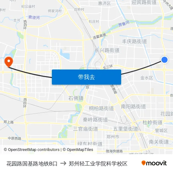花园路国基路地铁B口 to 郑州轻工业学院科学校区 map