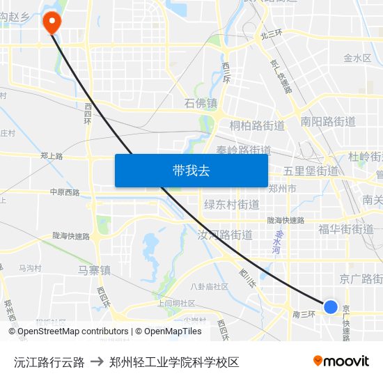 沅江路行云路 to 郑州轻工业学院科学校区 map