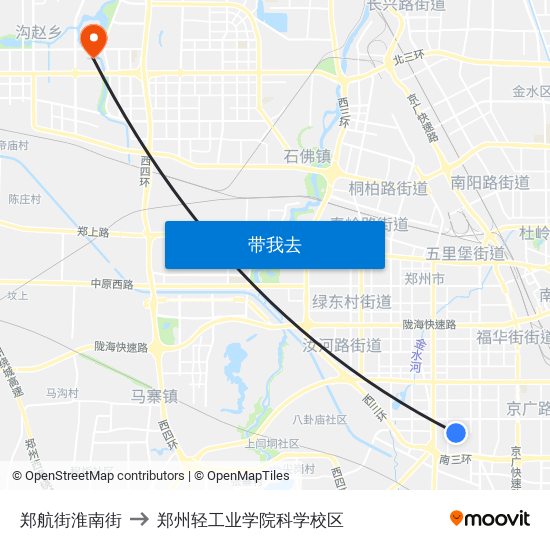 郑航街淮南街 to 郑州轻工业学院科学校区 map