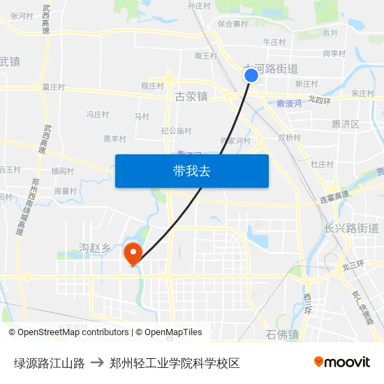 绿源路江山路 to 郑州轻工业学院科学校区 map