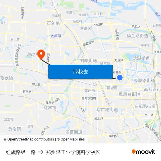 红旗路经一路 to 郑州轻工业学院科学校区 map