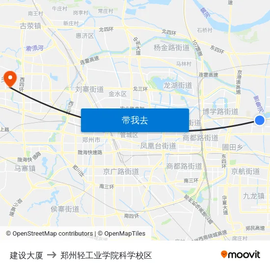 建设大厦 to 郑州轻工业学院科学校区 map