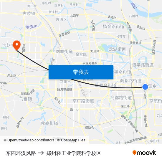 东四环汉风路 to 郑州轻工业学院科学校区 map