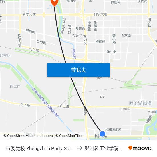 市委党校 Zhengzhou Party School Of Cpc to 郑州轻工业学院科学校区 map