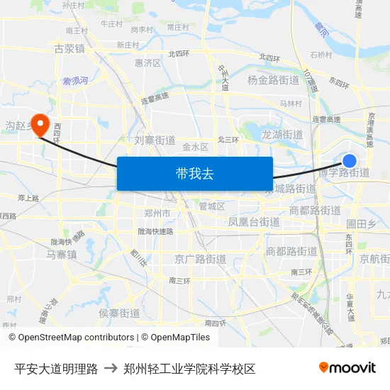 平安大道明理路 to 郑州轻工业学院科学校区 map