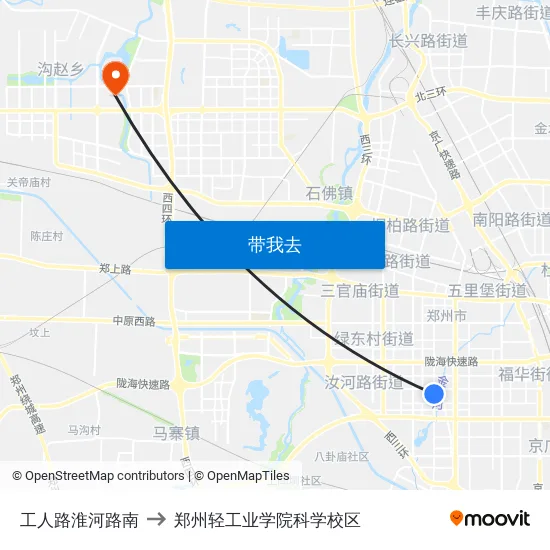 工人路淮河路南 to 郑州轻工业学院科学校区 map