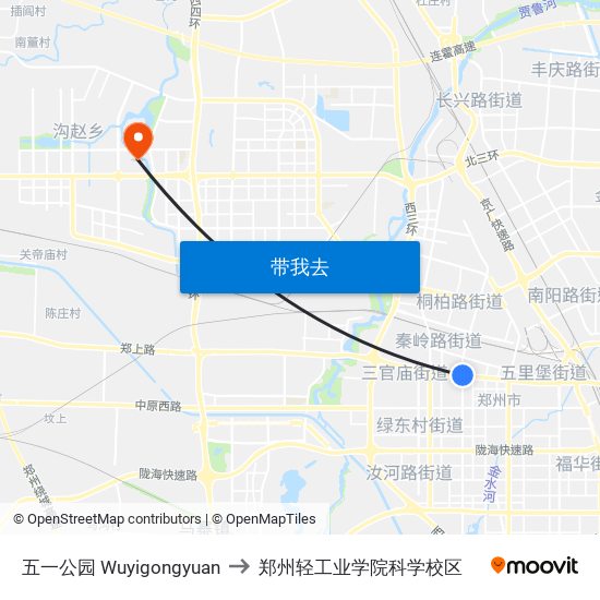 五一公园 Wuyigongyuan to 郑州轻工业学院科学校区 map