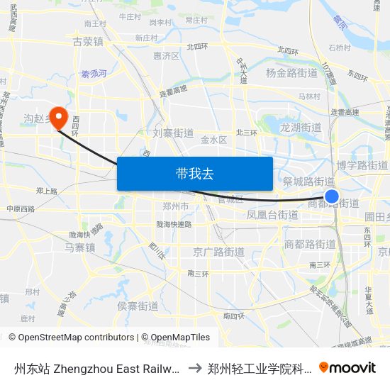 州东站 Zhengzhou East Railway Station to 郑州轻工业学院科学校区 map